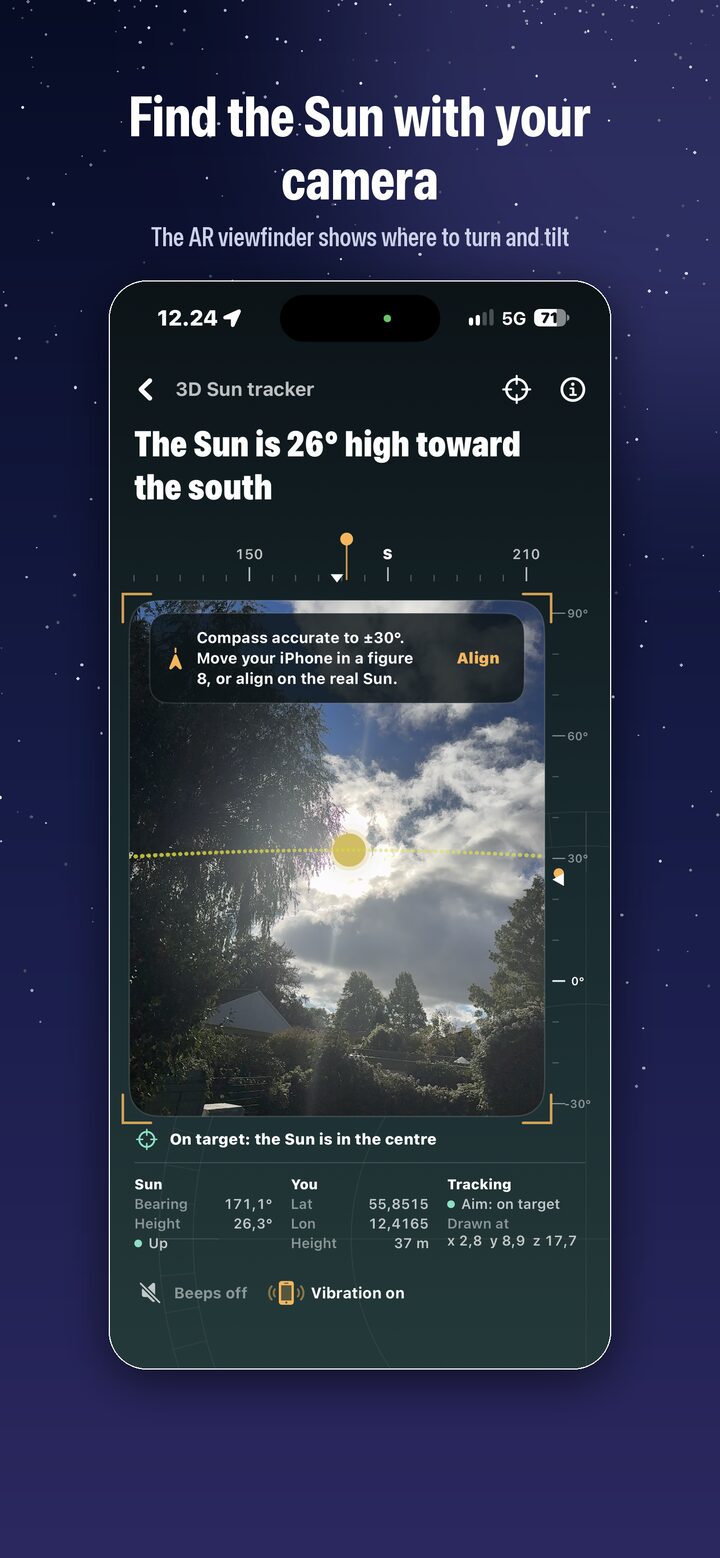 iCaelum 3D Sun tracker: the AR viewfinder over the camera view with the Sun in the centre, bearing and height