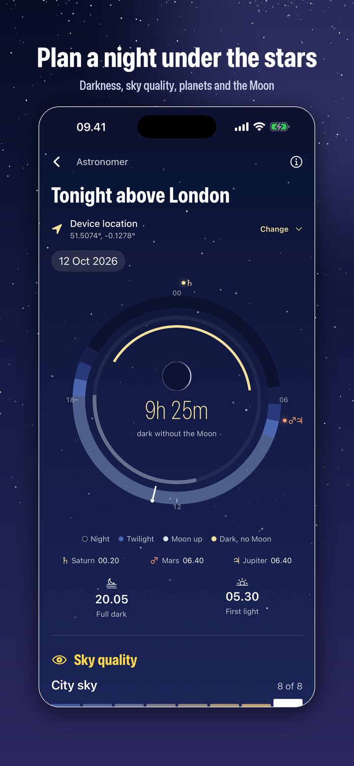 iCaelum Astronomer profile: a night dial showing hours of darkness without the Moon, planets, full dark and first light
