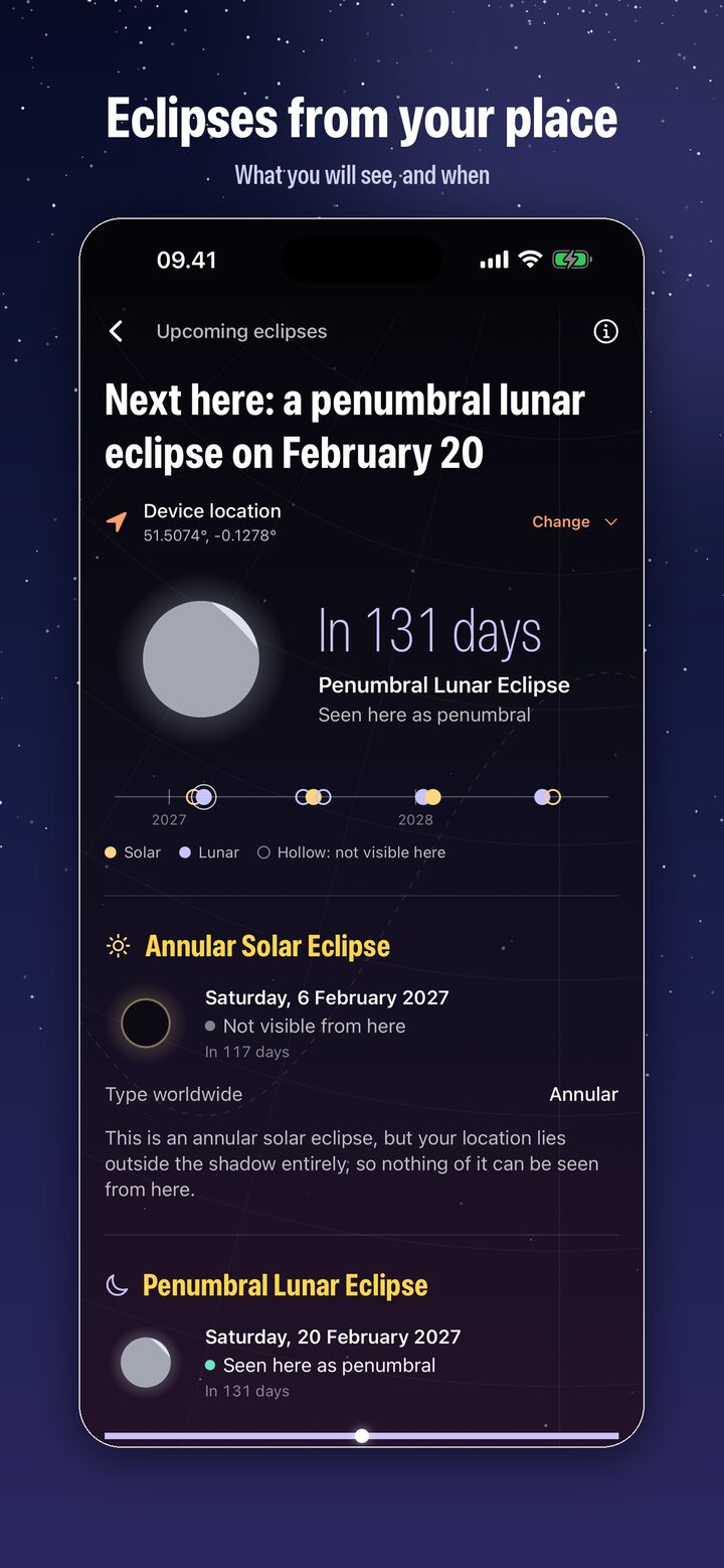 iCaelum Upcoming eclipses screen: the next lunar eclipse seen from London, a timeline of eclipses and what will be visible locally