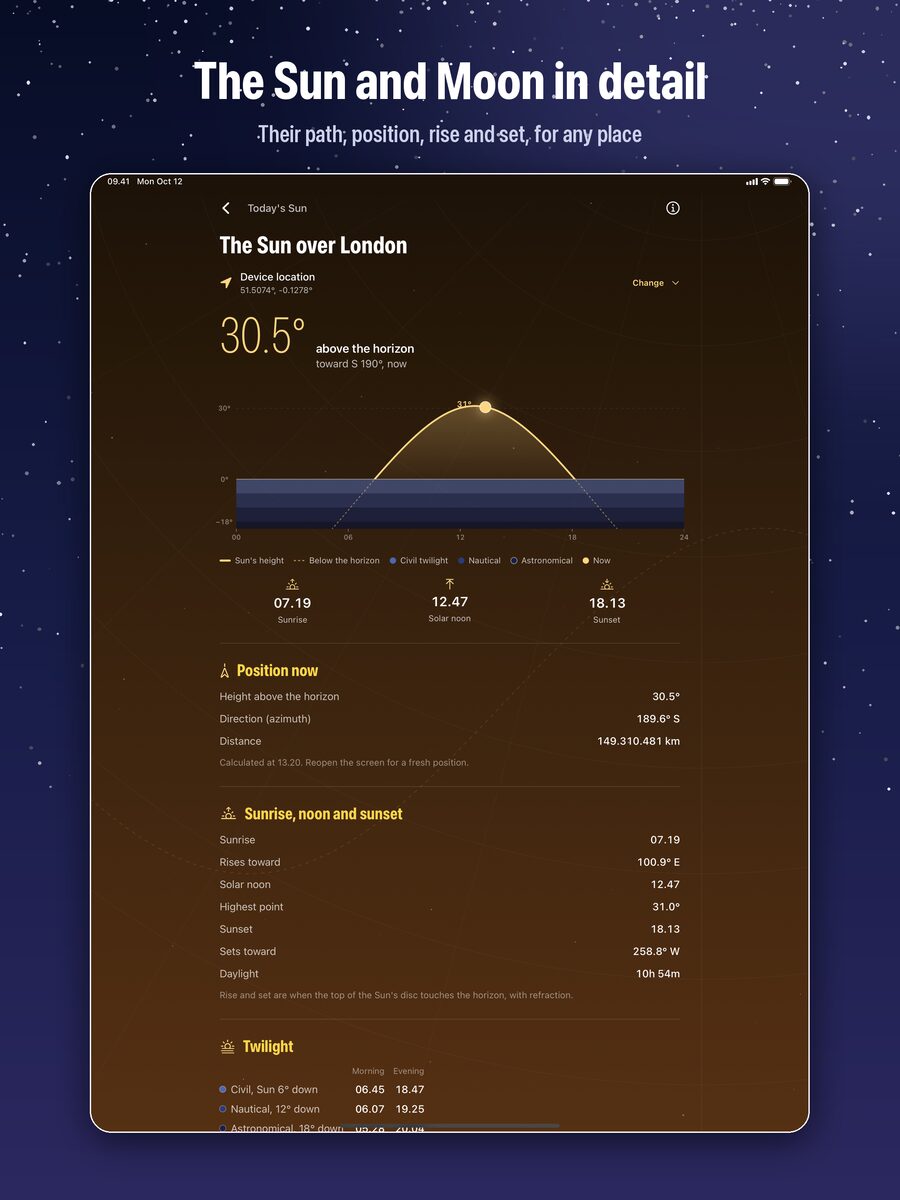 iCaelum on iPad: Today's Sun with the Sun's height through the day, its position now, sunrise, solar noon, sunset and twilight times