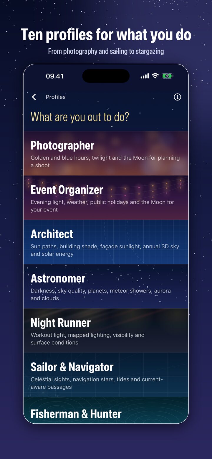 iCaelum The profile list: Photographer, Event Organizer, Architect, Astronomer, Night Runner, Sailor & Navigator and Fisherman & Hunter
