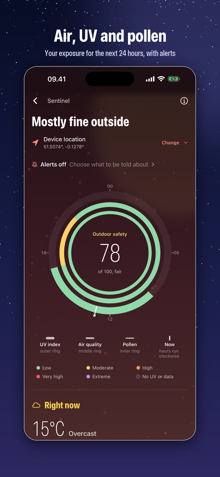 iCaelum Sentinel screen: a 24-hour exposure dial for UV, air quality and pollen around an outdoor safety score