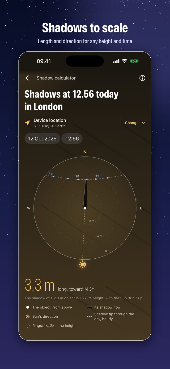 iCaelum Shadow calculator: a shadow drawn to scale on a compass, with its length and direction and the shadow tip through the day