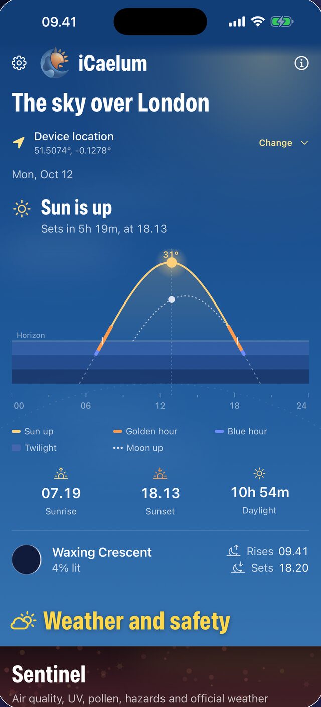 iCaelum home screen: the sky over London with the Sun's arc through the day, golden and blue hours, sunrise, sunset, day length and tonight's Moon