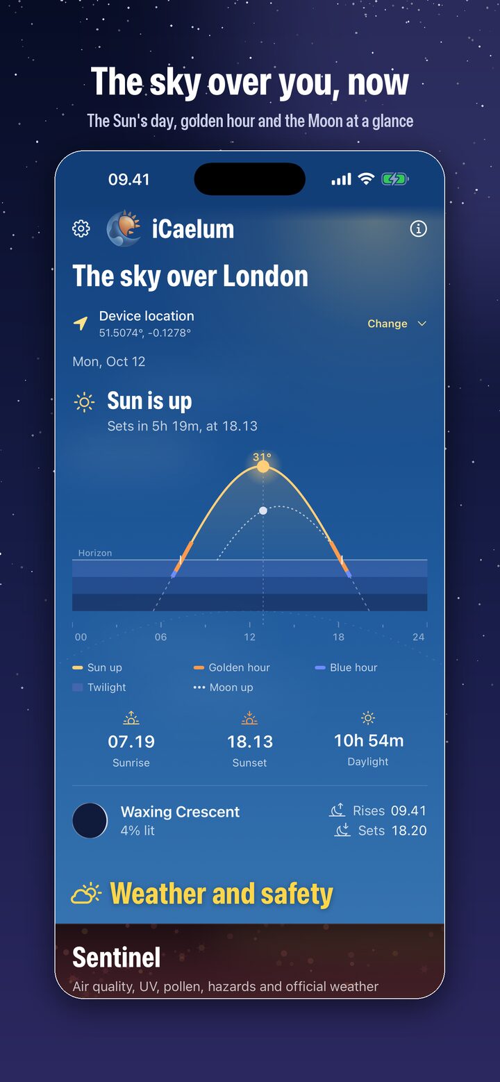 iCaelum The home screen: the sky over London with the Sun's arc through the day, golden and blue hours, sunrise, sunset and tonight's Moon